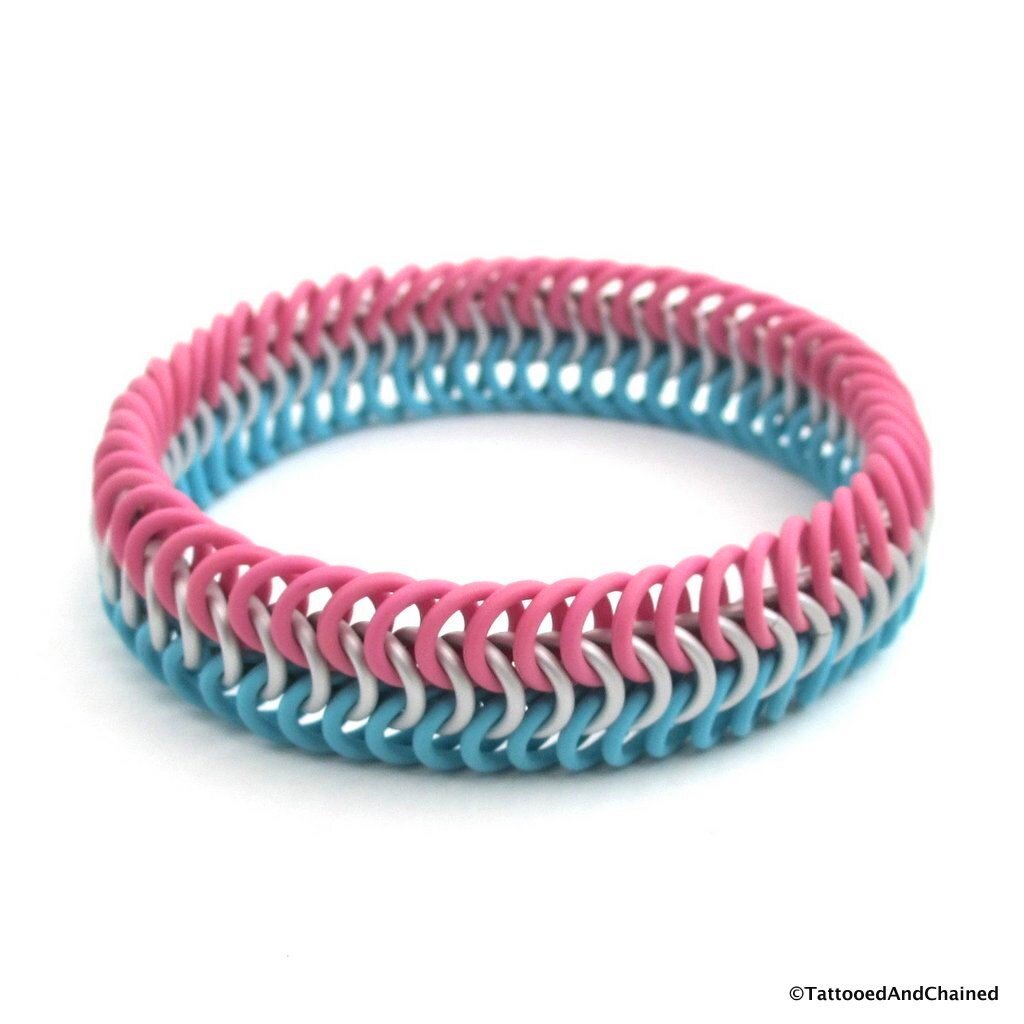 Transgender pride bracelet, stretchy chainmail bracelet, trans pride jewelry, pink, white, light blue rubber bracelet