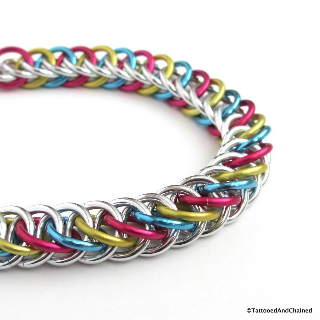 Pansexual pride bracelet, chainmail half Persian 4 in 1 weave, pan pride jewelry