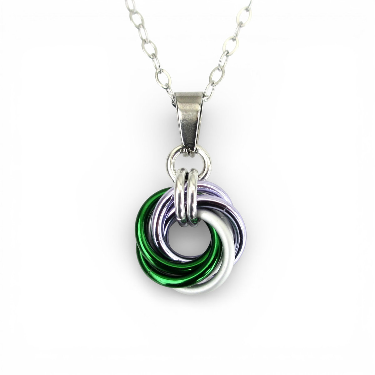 Genderqueer pride pendant necklace, chainmail love knot; lavender, white, and green nonbinary jewelry
