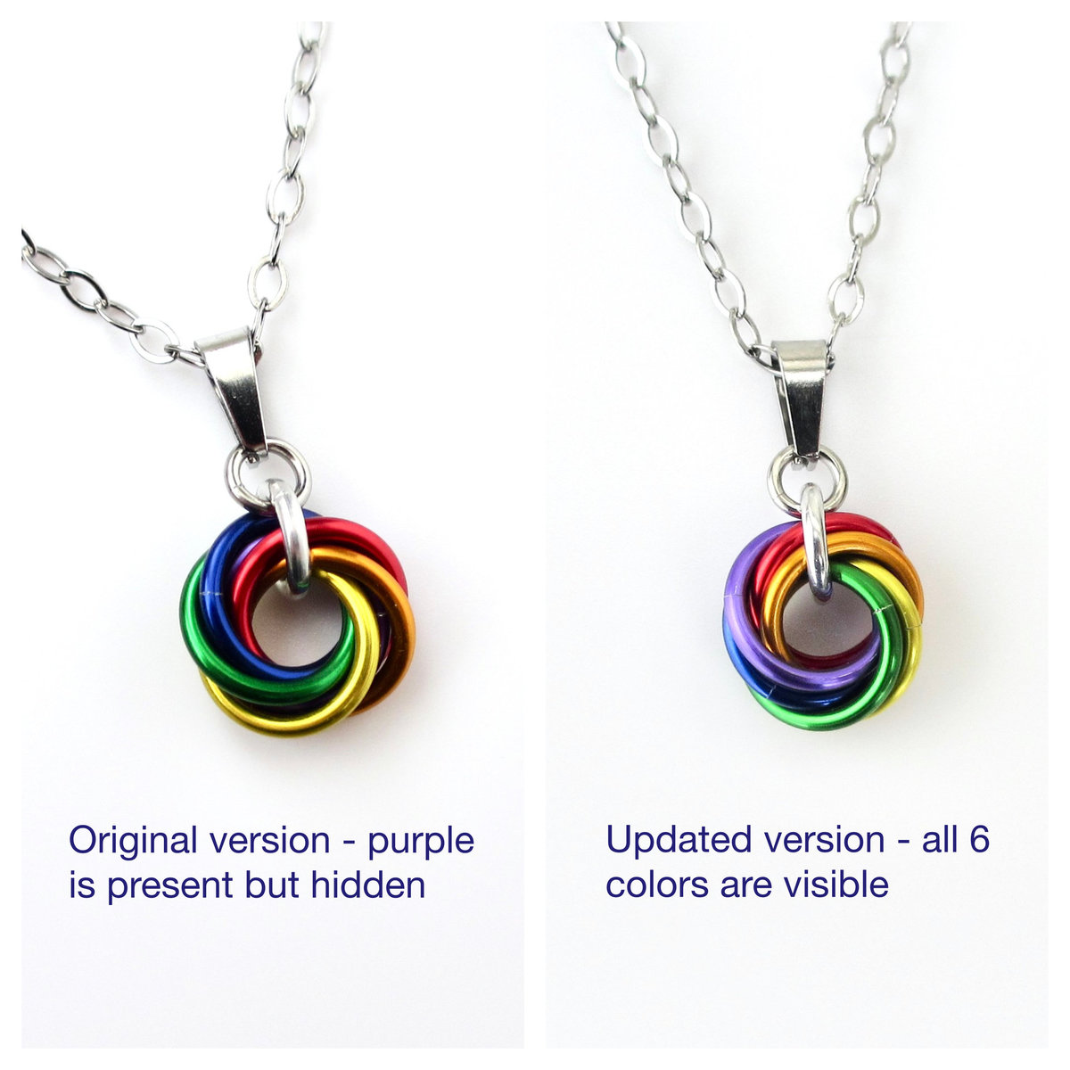 Tiny gay pride pendant, rainbow chainmail love knot, minimalist LGBTQ jewelry