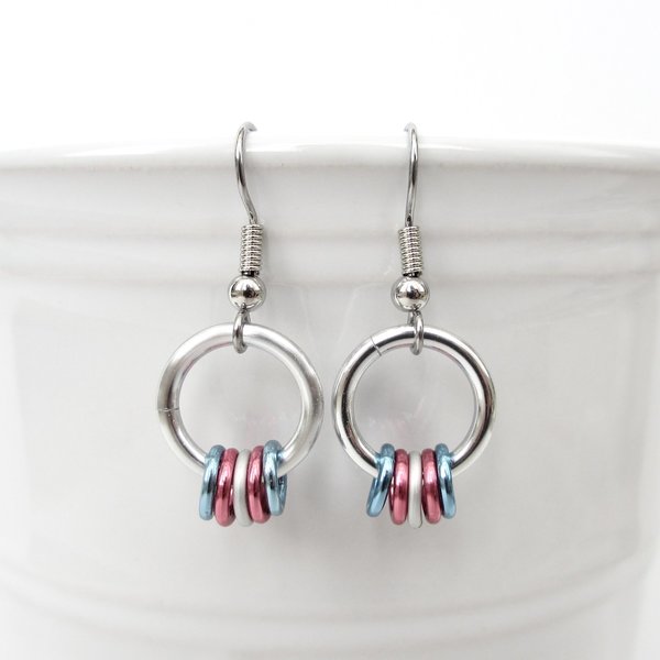 Transgender pride chainmail earrings, subtle LGBTQ pride jewelry; blue, pink, white