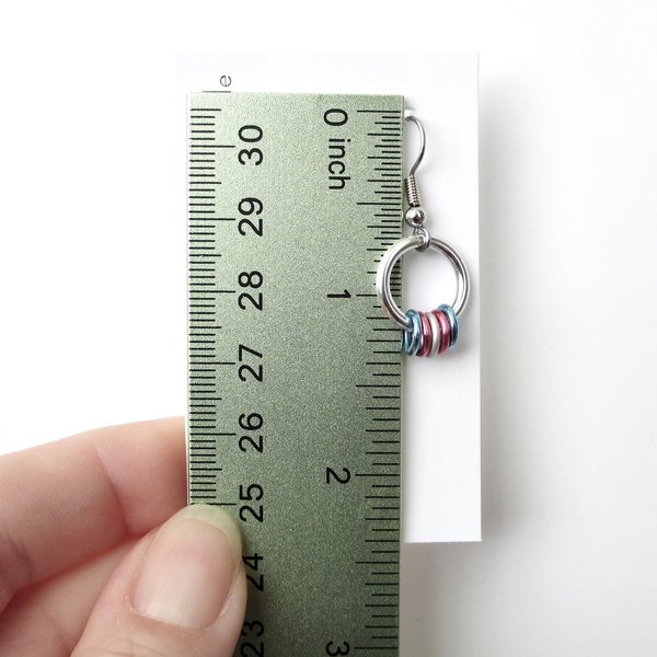 Transgender pride chainmail earrings, subtle LGBTQ pride jewelry; blue, pink, white