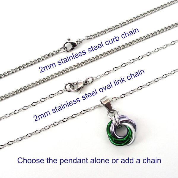 Genderqueer pride pendant necklace, chainmail love knot; lavender, white, and green nonbinary jewelry