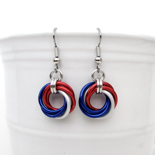 Red, white and blue chainmail Love Knot earrings, American patriotic jewelry