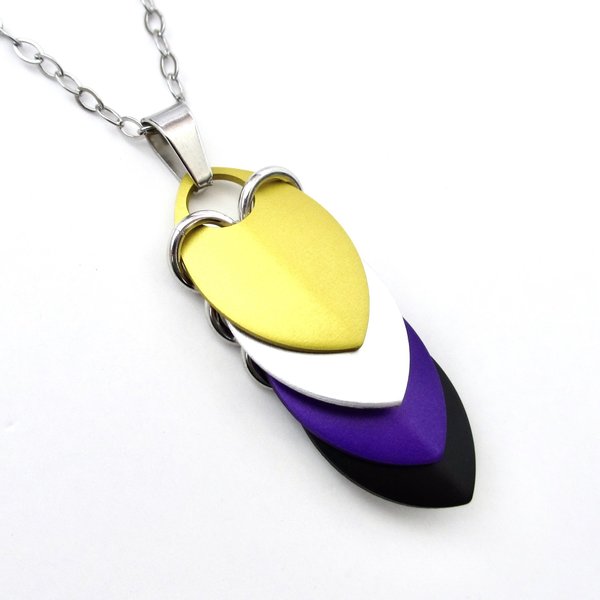 Nonbinary pendant necklace, chainmail scale pendant, pride jewelry; yellow, white, purple, black
