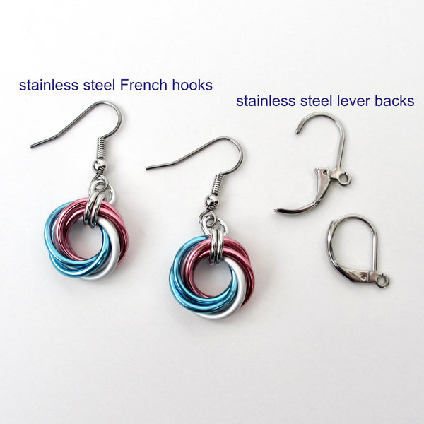 Transgender pride earrings, love knot chainmail trans pride jewelry; pink, white, blue