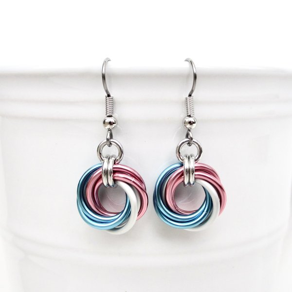 Transgender pride earrings, love knot chainmail trans pride jewelry; pink, white, blue