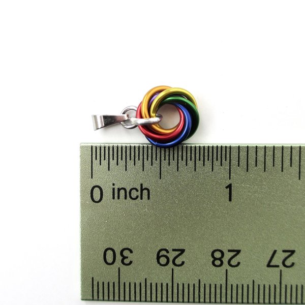 Tiny gay pride pendant, rainbow chainmail love knot, minimalist LGBTQ jewelry