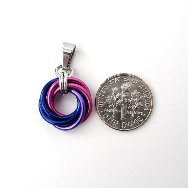 Bi pride pendant necklace, chainmail love knot, bisexual pride jewelry