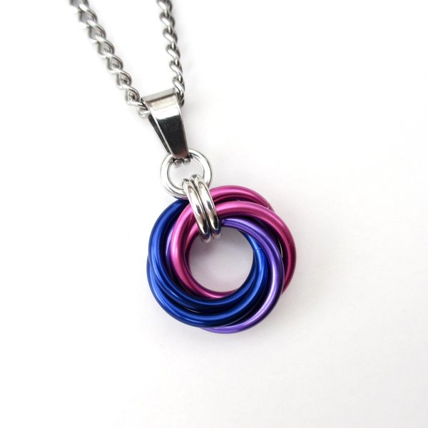 Bi pride pendant necklace, chainmail love knot, bisexual pride jewelry
