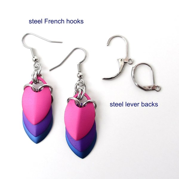 Bisexual pride earrings, bi pride jewelry, chainmail scales earrings; pink purple blue