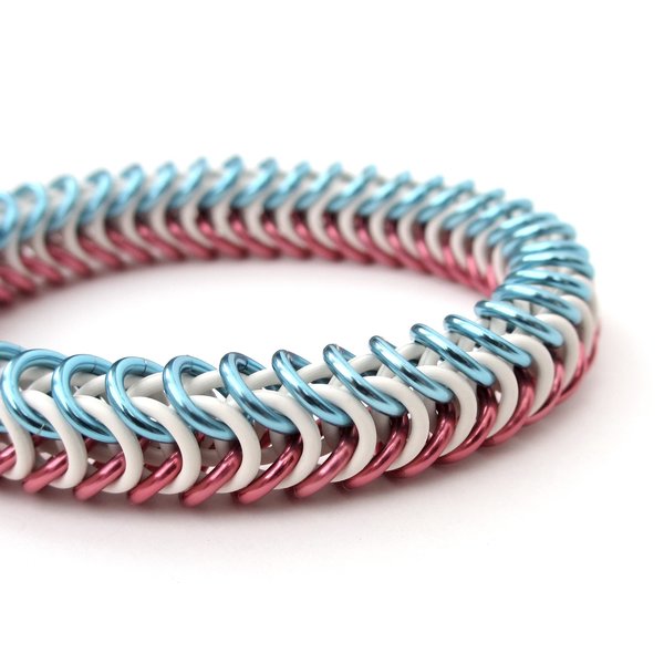 Transgender pride bracelet, stretchy box chain chainmail bracelet, trans pride jewelry, pink, white, light blue rubber bracelet