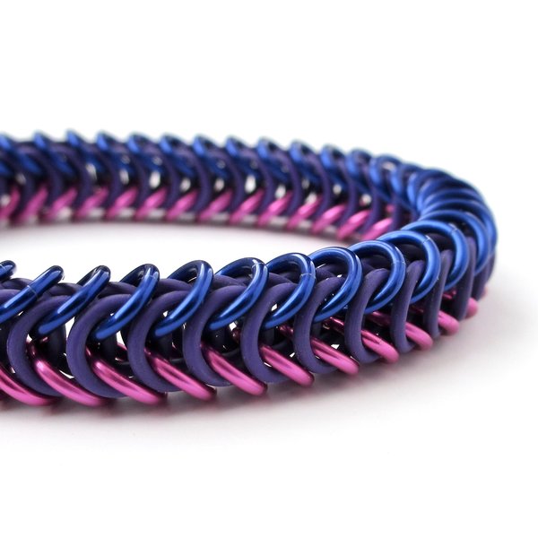 Bi pride chainmaille bracelet, stretchy box chain, bisexual jewelry; pink, purple, and blue