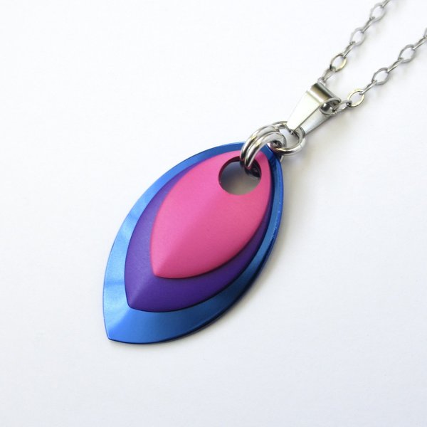 Bisexual pride jewelry, chainmail scale pendant, pink purple blue