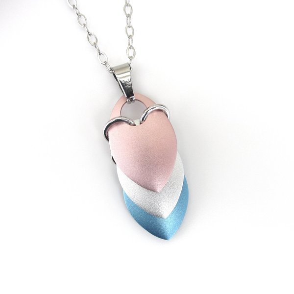 Transgender pride pendant necklace, chainmail scale pendant, trans pride jewelry, pink, white, light blue