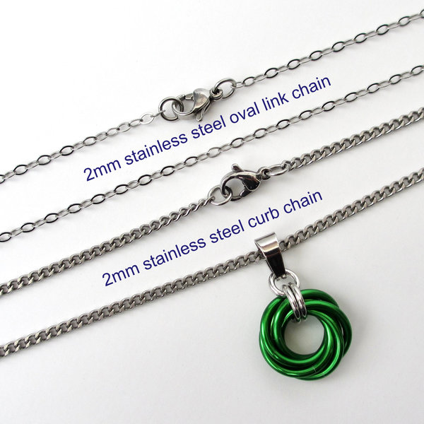Shamrock green love knot chainmail pendant, small, simple minimalist jewelry for her
