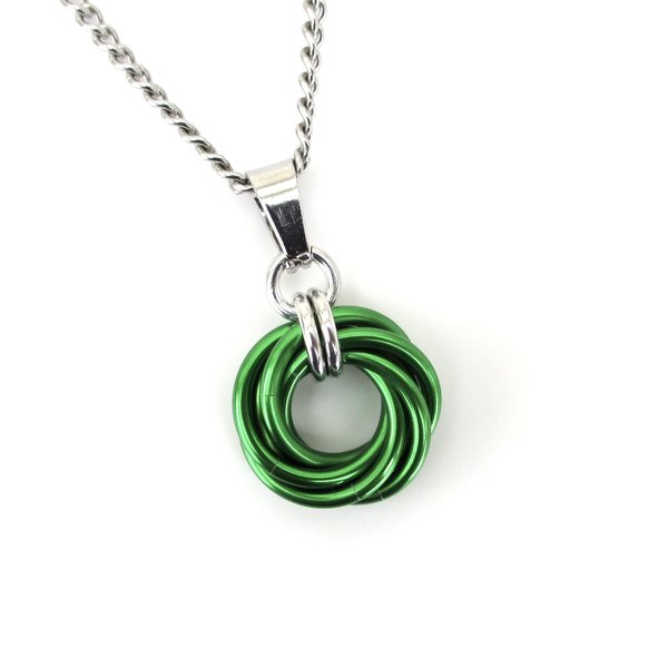 Shamrock green love knot chainmail pendant, small, simple minimalist jewelry for her