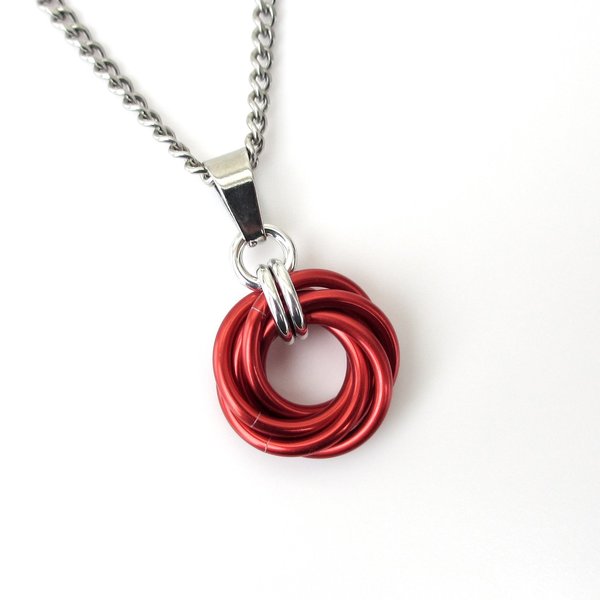 Red pendant necklace, chainmail love knot circle pendant, red chainmail jewelry