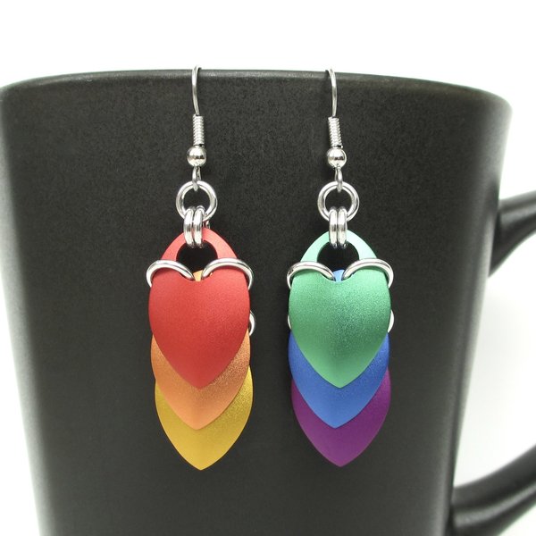 LGBTQ pride earrings, gay pride jewelry, mismatched rainbow chainmail scales earrings