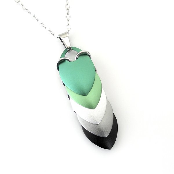 Aromantic pride pendant necklace, chainmail scale pendant, aro pride jewelry, green white gray black