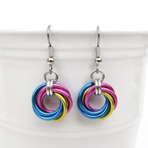 Pansexual pride earrings, love knot chainmail earrings, pan pride jewelry; pink, yellow, light blue