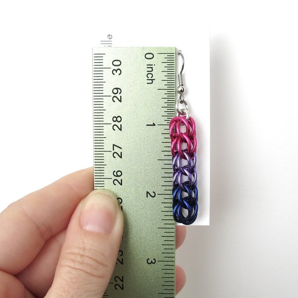 Bisexual pride earrings, bi pride jewelry, chainmail earrings, full Persian chainmail weave; pink, purple, blue