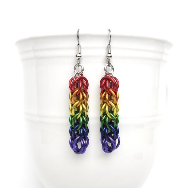 LGBTQ pride earrings, rainbow chainmail gay pride jewelry, Full Persian chainmail weave