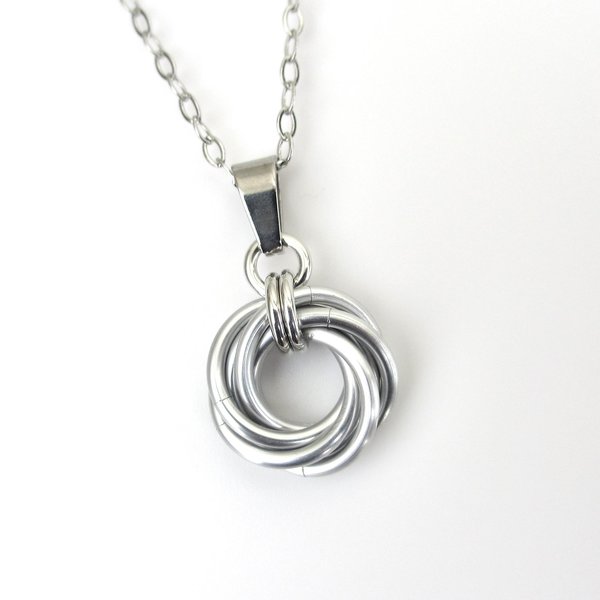 Silver Love Knot chainmail pendant necklace, circle pendant