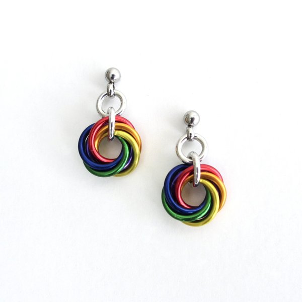 Tiny gay pride earrings, rainbow mini love knot chainmail jewelry, LGBTQ pride