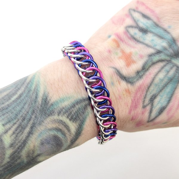 Bisexual pride bracelet, chainmaille half Persian 4 in 1 weave,  pink purple blue