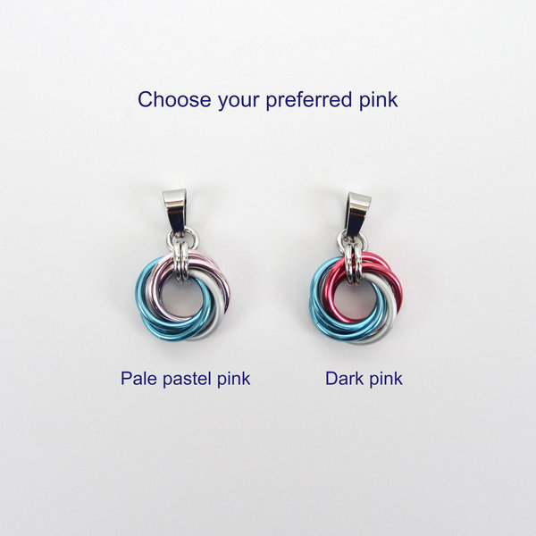 Transgender pride pendant necklace, chainmail love knot, trans pride jewelry, pink white blue