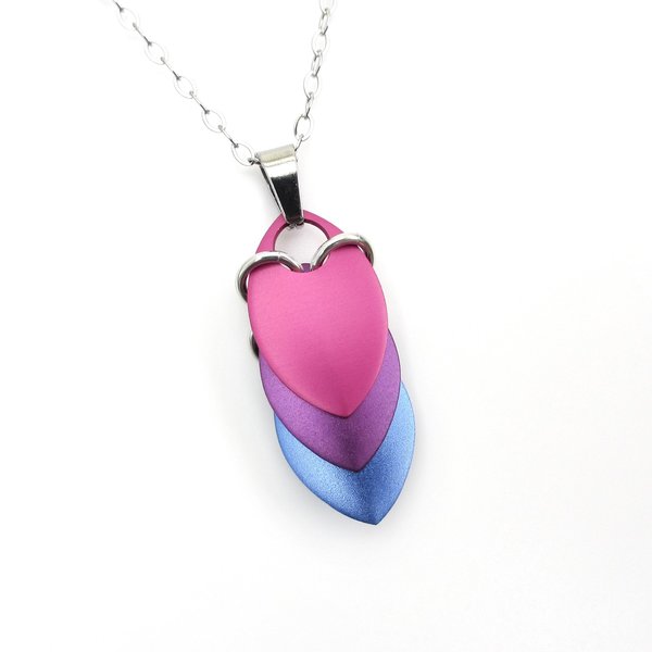 Handmade Bi Pride Pendant, Anodized Aluminum Chainmail Scale Necklace in Bisexual Flag Colors – Lightweight LGBTQ+ Jewelry