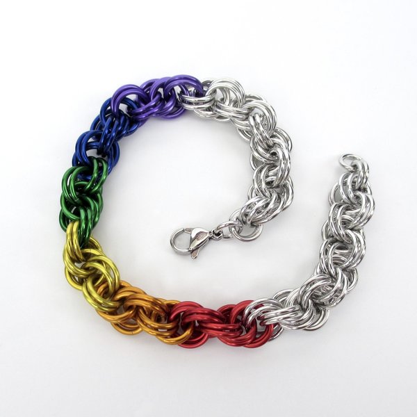 Handmade LGBTQ rainbow bracelet, chainmaille double spiral weave gay pride jewelry
