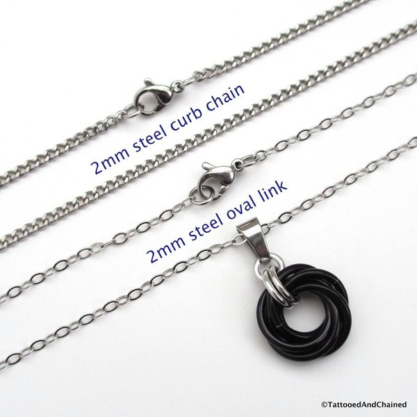 Black love knot pendant, small circle necklace, black chainmail jewelry