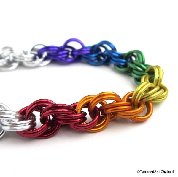 LGBTQ rainbow bracelet, gay pride chainmail jewelry, double spiral weave