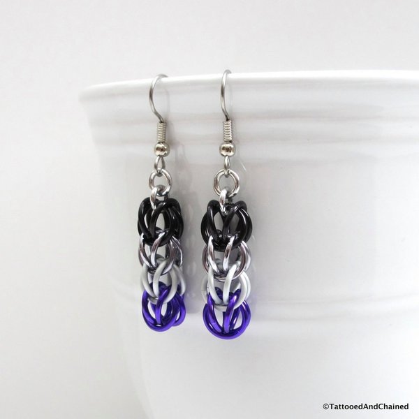 Asexual pride earrings, ace pride jewelry, chainmail earrings, Full Persian chainmail weave; black, gray, white, purple