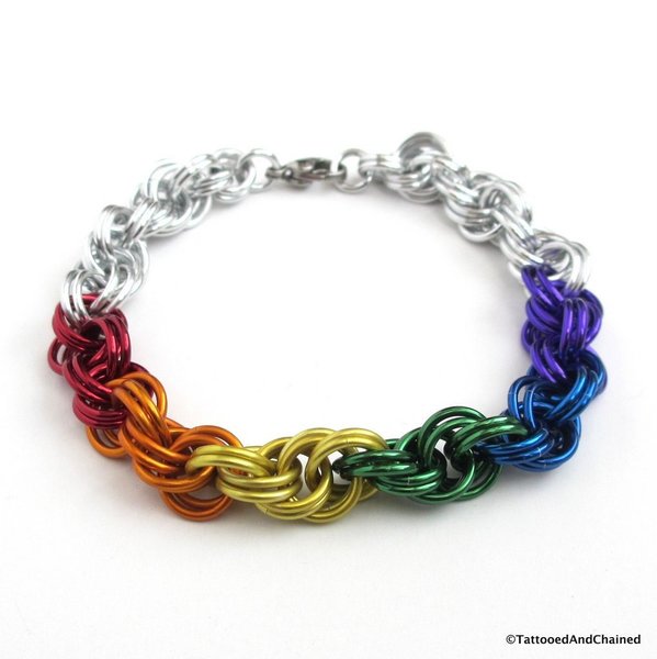 LGBTQ rainbow bracelet, gay pride chainmail jewelry, double spiral weave