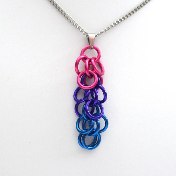 Chainmail bisexual pride pendant, shaggy loop weave; pink purple blue bi pride jewelry