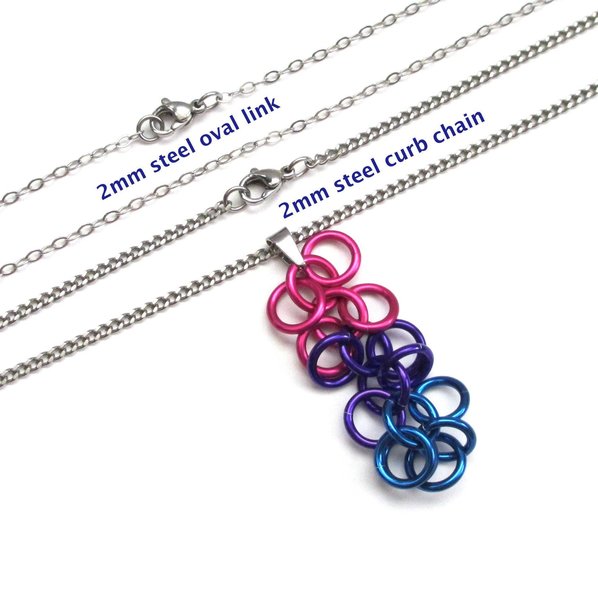 Chainmail bisexual pride pendant, shaggy loop weave; pink purple blue bi pride jewelry