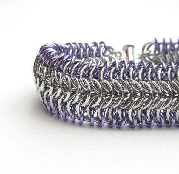 Chainmail cuff bracelet, silver & lavender bracelet, chainmail jewelry for women