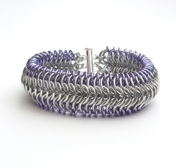 Chainmail cuff bracelet, silver & lavender bracelet, chainmail jewelry for women
