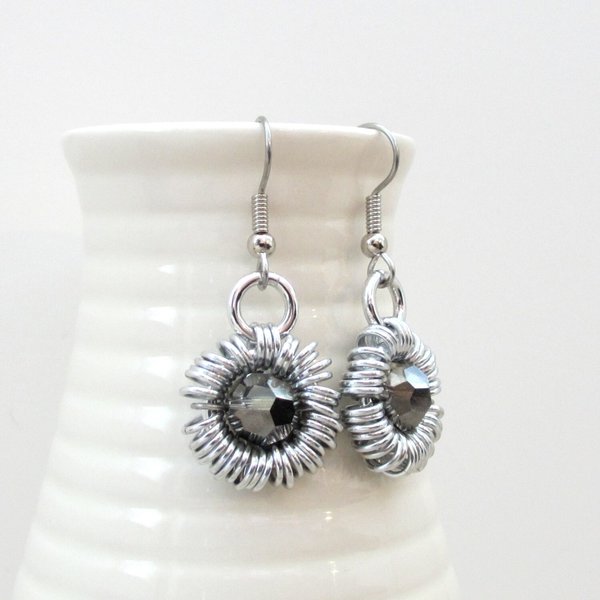 Gray earrings, crystal earrings, chainmaille jewelry