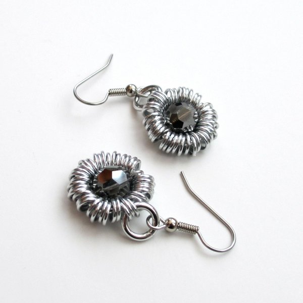 Gray earrings, crystal earrings, chainmaille jewelry