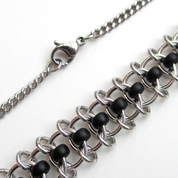Black beaded chainmaille necklace, Centipede weave
