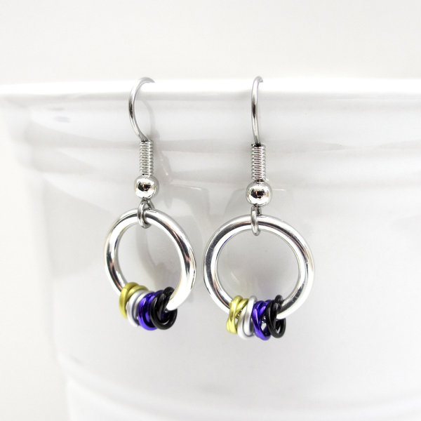 Nonbinary pride earrings, subtle LGBTQ pride jewelry; yellow, white, purple, black