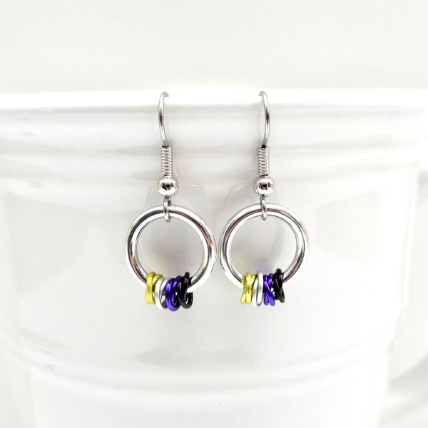 Nonbinary pride earrings, subtle LGBTQ pride jewelry; yellow, white, purple, black