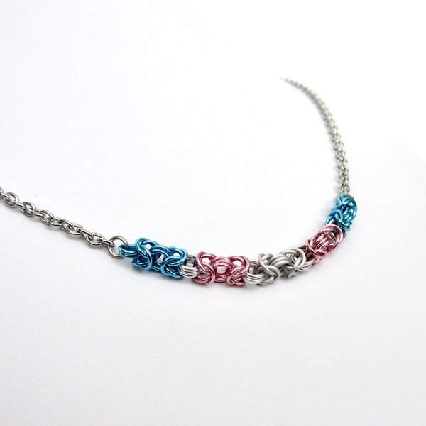 Transgender pride necklace, chainmail Byzantine LGBTQ jewelry, blue, pink, white