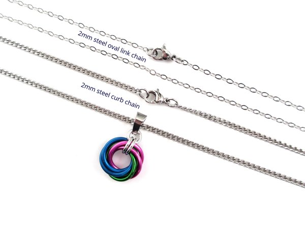 Polysexual pride pendant necklace, chainmail love knot, LGBTQ pride jewelry