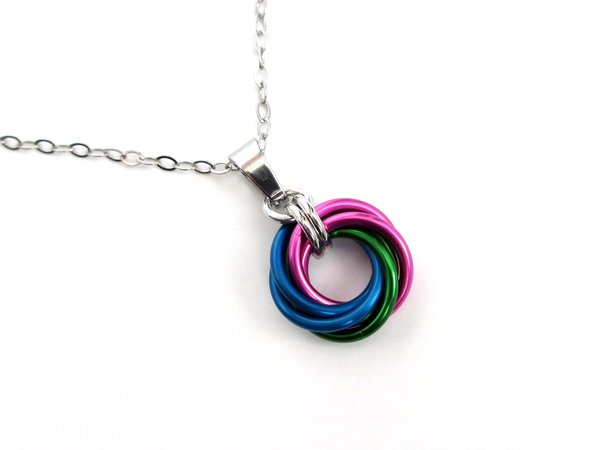 Polysexual pride pendant necklace, chainmail love knot, LGBTQ pride jewelry