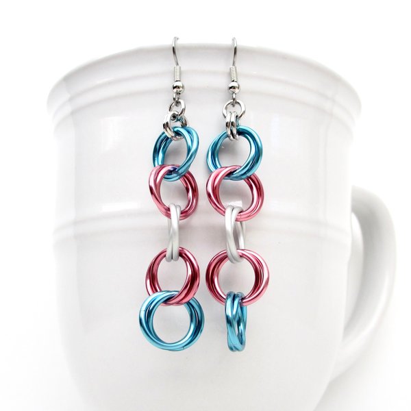 Transgender pride jewelry, long chain trans earrings, blue pink white